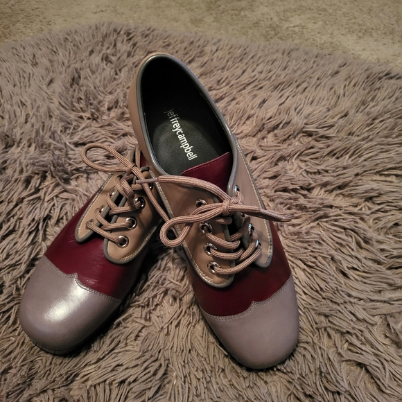 Jeffrey Campbell School Platform Leather Lace Up Oxfords Tan Burgundy Size 10 - Picture 2 of 6